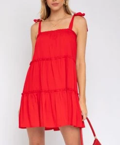 She She Boutique Tiered Dress With Shoulder Tie - Red CLOTHING