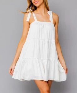 She She Boutique CLOTHING Tiered Dress With Shoulder Tie - White
