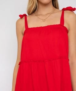 She She Boutique Tiered Dress With Shoulder Tie - Red CLOTHING