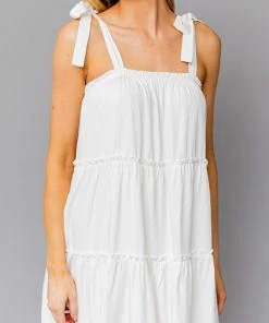 She She Boutique CLOTHING Tiered Dress With Shoulder Tie - White