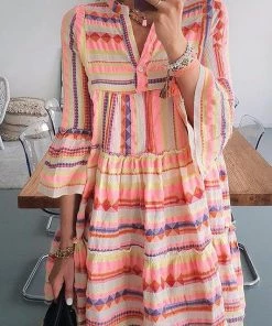 She She Boutique Mixed Print V-Neck Dress- Orange Multi CLOTHING