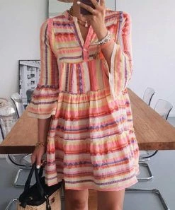 She She Boutique Mixed Print V-Neck Dress- Orange Multi CLOTHING