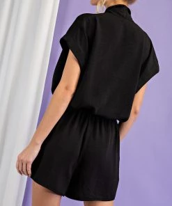 She She Boutique Surplice Neck Romper - Black CLOTHING