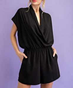 She She Boutique Surplice Neck Romper - Black CLOTHING