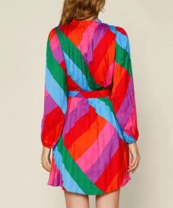 She She Boutique NEW ARRIVALS Pleated Waist Tie Dress - Rainbow Stripe