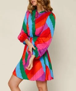 She She Boutique NEW ARRIVALS Pleated Waist Tie Dress - Rainbow Stripe