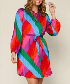 She She Boutique NEW ARRIVALS Pleated Waist Tie Dress - Rainbow Stripe