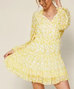 She She Boutique CLOTHING Floral Print Dress - Yellow/White