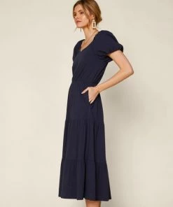 She She Boutique Puff Sleeve Midi Dress - Navy OR Pink CLOTHING