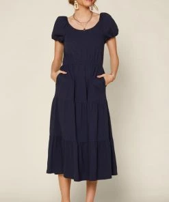 She She Boutique Puff Sleeve Midi Dress - Navy OR Pink CLOTHING