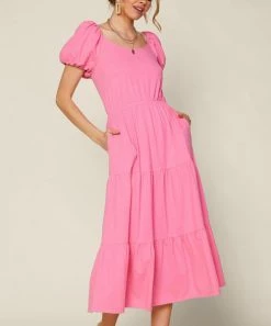 She She Boutique Puff Sleeve Midi Dress - Navy OR Pink CLOTHING