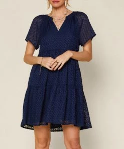 She She Boutique Textured Tiered Dress - Navy CLOTHING