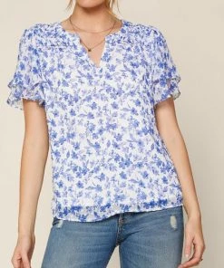 She She Boutique CLOTHING Floral Blouse - Cobalt/White OR Pink/White