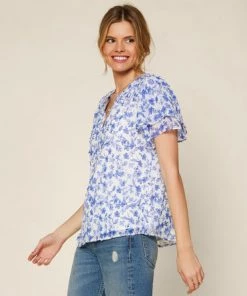 She She Boutique CLOTHING Floral Blouse - Cobalt/White OR Pink/White