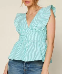 She She Boutique CLOTHING Striped Tie Back Top - Green/White
