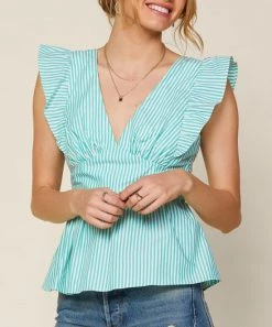 She She Boutique CLOTHING Striped Tie Back Top - Green/White