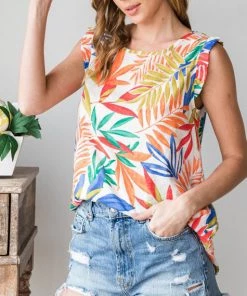 She She Boutique Leaf Print Top - Off White CLOTHING