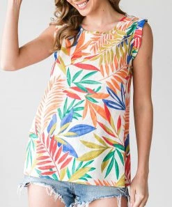 She She Boutique Leaf Print Top - Off White CLOTHING