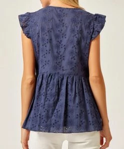 She She Boutique CLOTHING Eyelet Top With Flutter Sleeves - Navy