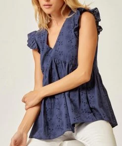 She She Boutique CLOTHING Eyelet Top With Flutter Sleeves - Navy