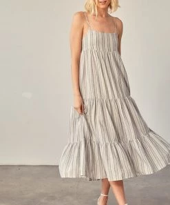 She She Boutique Tiered Stripe Dress - Cream/Navy