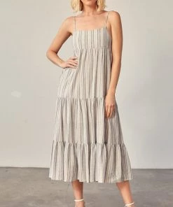 She She Boutique Tiered Stripe Dress - Cream/Navy