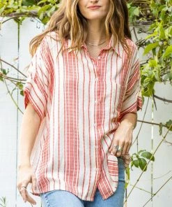 She She Boutique Striped Button Down Top - Navy/Cream OR Red/Cream