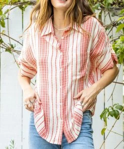 She She Boutique Striped Button Down Top - Navy/Cream OR Red/Cream