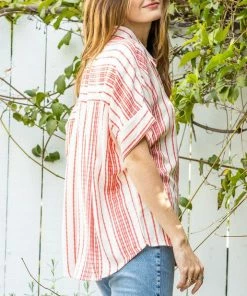 She She Boutique Striped Button Down Top - Navy/Cream OR Red/Cream