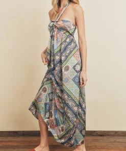 She She Boutique CLOTHING Paisley Satin Halter Dress - Mosaic Blue