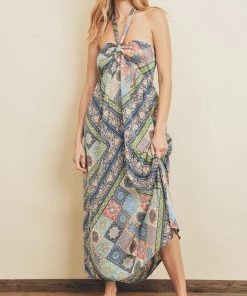 She She Boutique CLOTHING Paisley Satin Halter Dress - Mosaic Blue