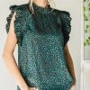 She She Boutique Satin Leopard Print Top - Hunter Green OR Off White