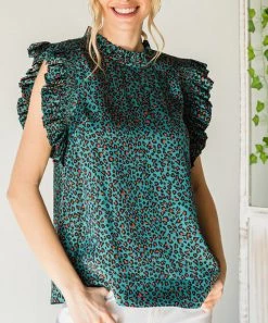 She She Boutique Satin Leopard Print Top - Hunter Green OR Off White