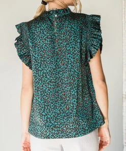 She She Boutique Satin Leopard Print Top - Hunter Green OR Off White