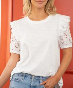 She She Boutique Averie Eyelet Sleeve T-Shirt - White OR Black CLOTHING