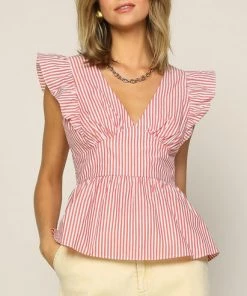 She She Boutique Striped Tie Back Top - Coral Red