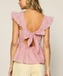 She She Boutique Striped Tie Back Top - Coral Red