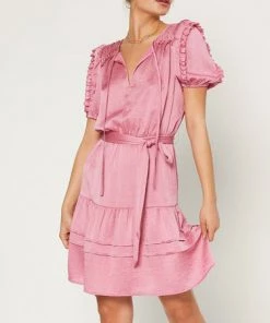 She She Boutique NEW ARRIVALS Ruffled Split Neck Dress - Pink