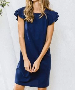 She She Boutique Ruffle Sleeve Shift Dress - Navy CLOTHING