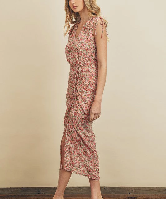 She She Boutique CLOTHING Ruched Midi Dress - Floral Garden 4 She She Boutique CLOTHING Ruched Midi Dress - Floral Garden
