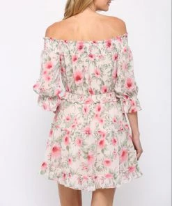 She She Boutique CLOTHING Off The Shoulder Floral Dress - Taupe/Pink
