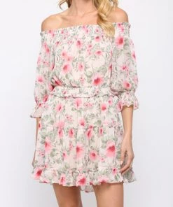 She She Boutique CLOTHING Off The Shoulder Floral Dress - Taupe/Pink