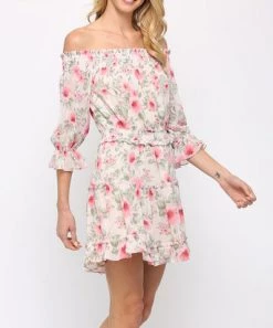 She She Boutique CLOTHING Off The Shoulder Floral Dress - Taupe/Pink