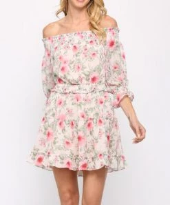 She She Boutique CLOTHING Off The Shoulder Floral Dress - Taupe/Pink