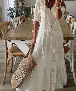 She She Boutique CLOTHING Eyelet Maxi Dress - White
