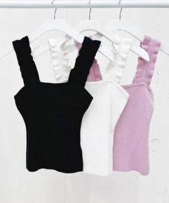 She She Boutique CLOTHING Knit Top With Ruffle Straps- Pink OR Black
