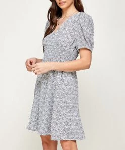 She She Boutique CLOTHING Floral Puff Sleeve Dress - Blue