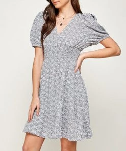 She She Boutique CLOTHING Floral Puff Sleeve Dress - Blue