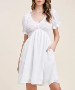 She She Boutique CLOTHING V-Neck Smocked Dress - Off White