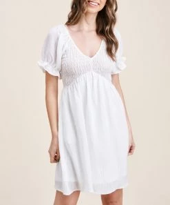 She She Boutique CLOTHING V-Neck Smocked Dress - Off White